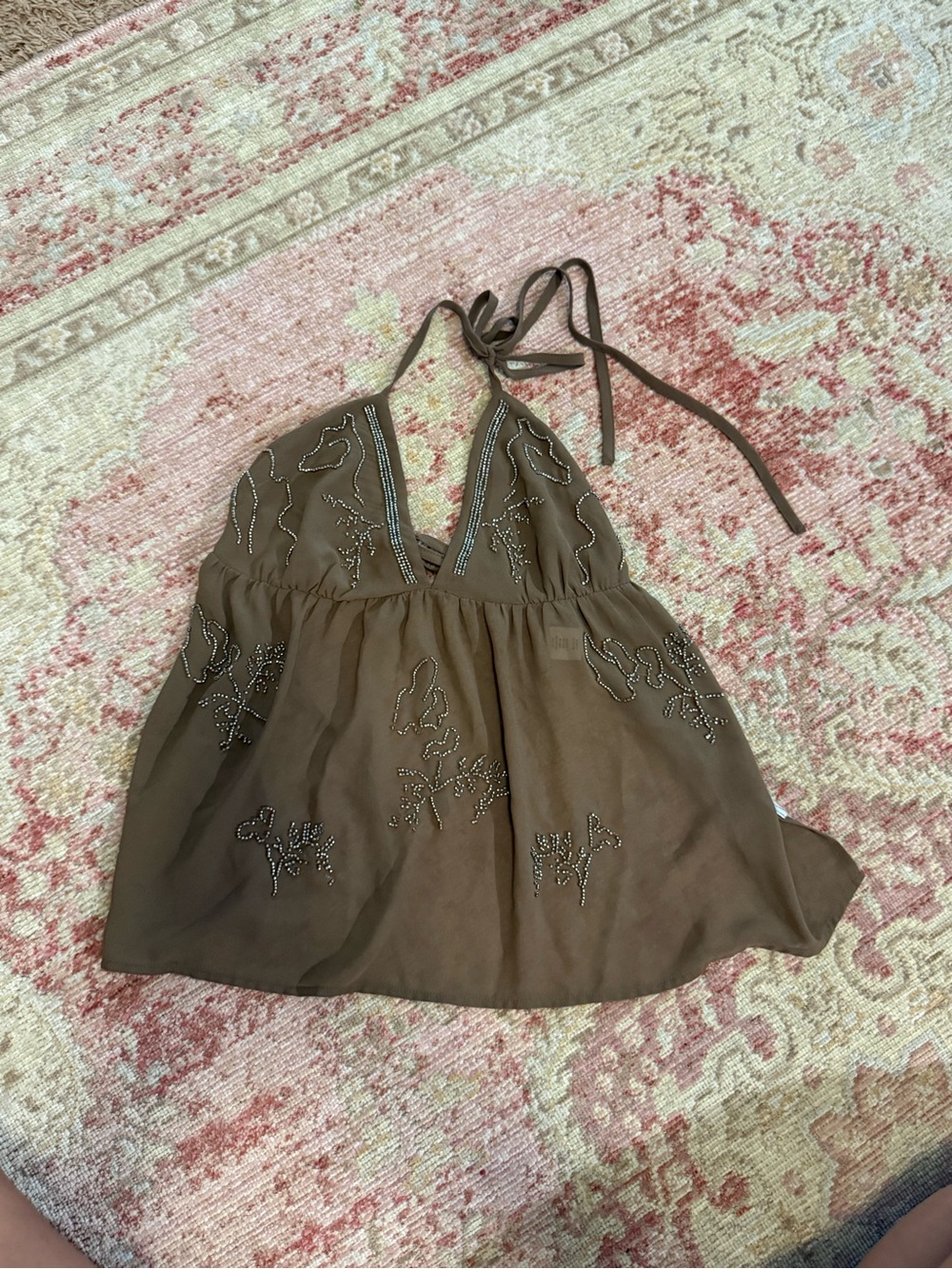 Embellished Halter Backless Babydoll Top in Olive Brown